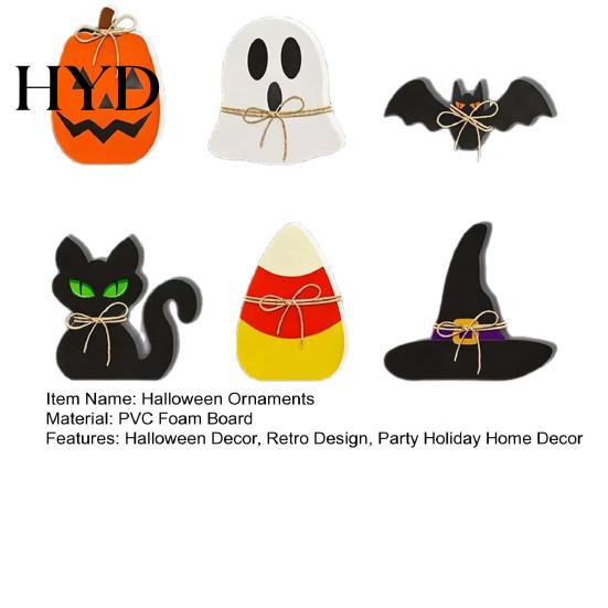 Wooden Halloween Decorations 6Pcs Tiered Tray Decor, Ghost Black Cat Mummy Figurines, Pumpkin Witch Set Hat Bat Ornaments for Shelf Table, Party