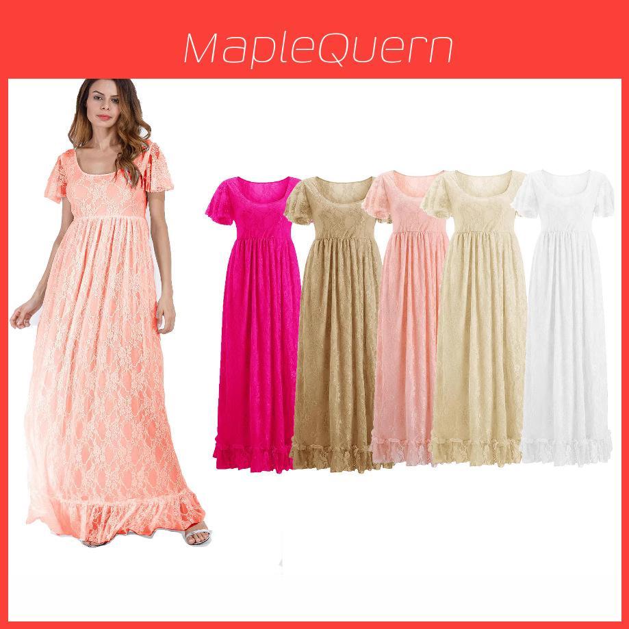 Euro Womens Lace Ruffle Short Sleeve Long Dress With High Waist For Summer Casual Wear