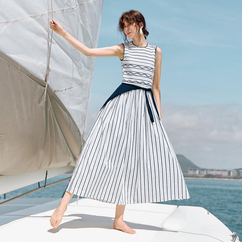 ELLE Modern Stripe Patchwork Sleeveless A-Line Dress