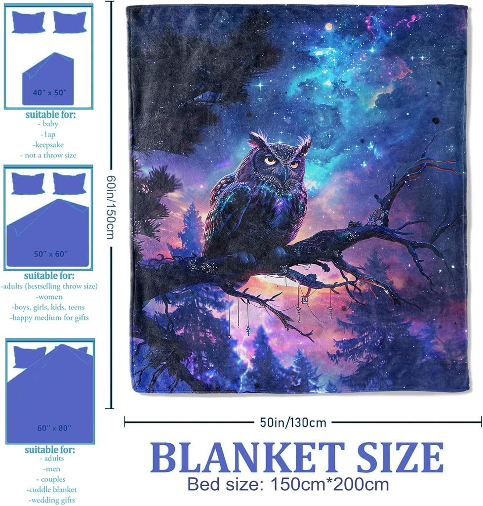 Galaxy Owl Throw Blanket for Women Girls Boys, Soft Flannel Blankets Gifts for Living Room Couch, Home, Sofa Decor, 50"x60"