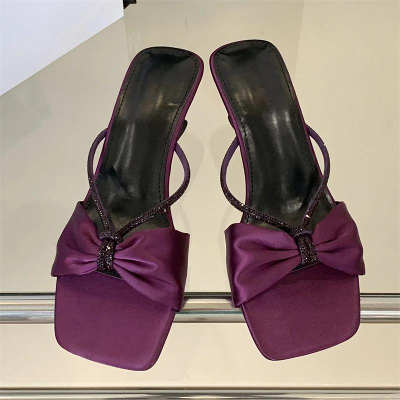 Eilyken 2025 New Summer Design Crystal Butterfly-knot High Heels Women Slippers Square Toe Party Dress Slides Shoes