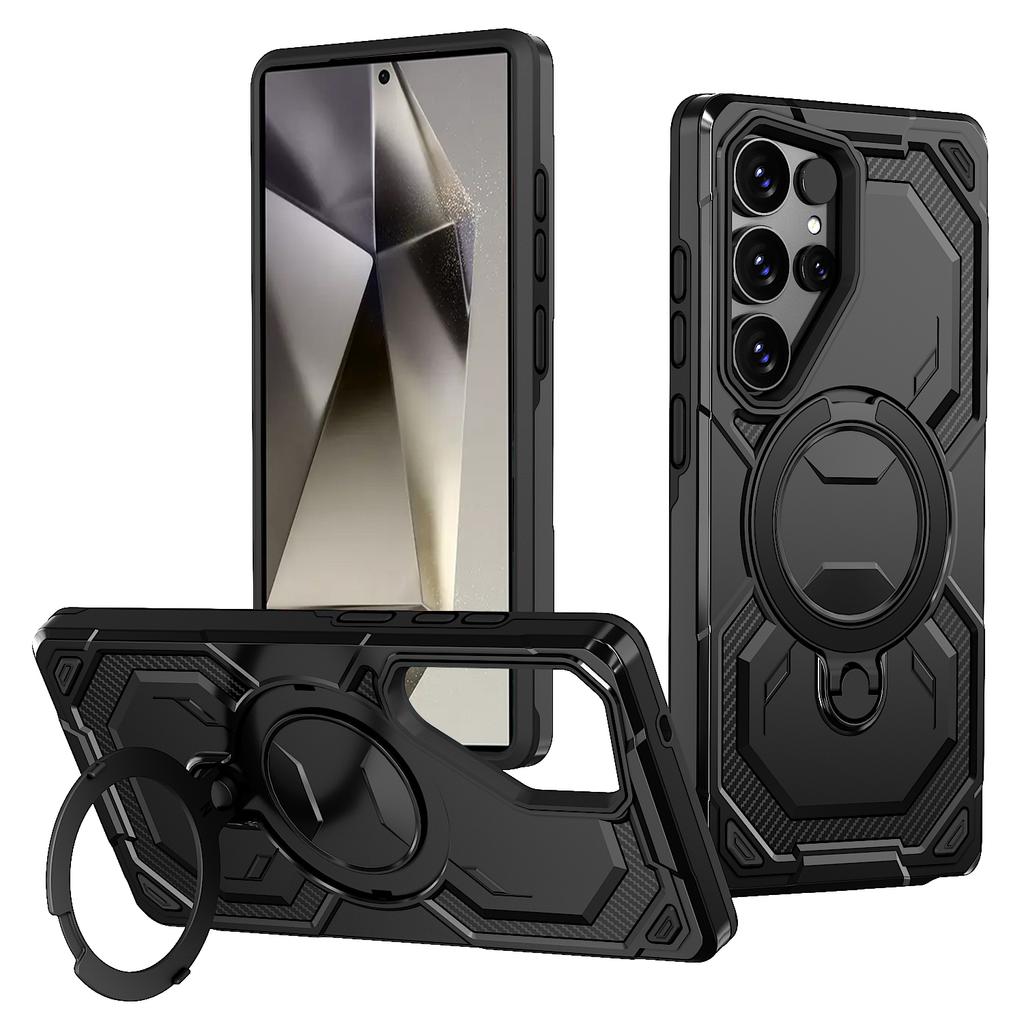 For Samsung Galaxy S24 Ultra Magnetic Case Ring Kickstand PC + TPU Hybrid Phone Cover