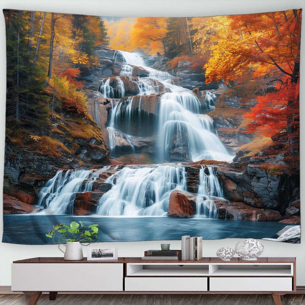 Autumn Forest Scenery Tapestry Wall Hanging Decor Red Leaves Maple River Fall Nature Landscape Tapestry Indoor Home Decorations