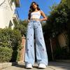 Girl's Bow Cherry Print Baggy Jeans, Wide Leg Mid Waisted Denim Pants, Zipper Fly Elastic Casual Jeans Streetwear with Pockets