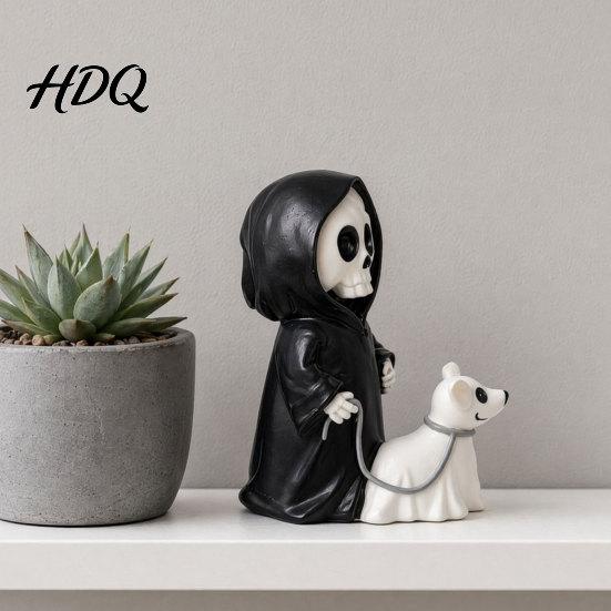 Wear-resistant Resin Sculpture Grim Reaper & Ghostly Puppy Figurine Black Robed Skeleton
