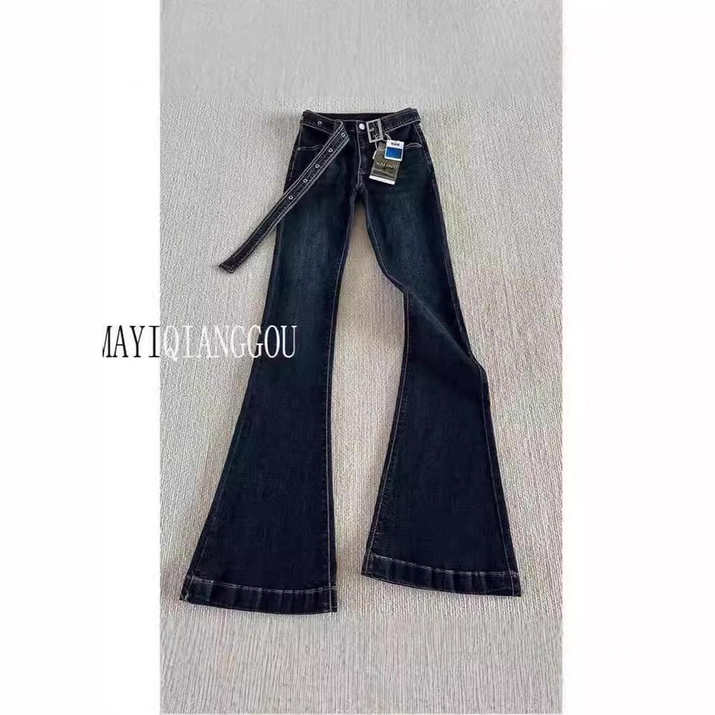 Retro Hong Kong-Style Flared Jeans for Women with Belt – Slim-Fit, Low-Waisted, Floor-Length, Stretchy Pants for Fall and Winter.