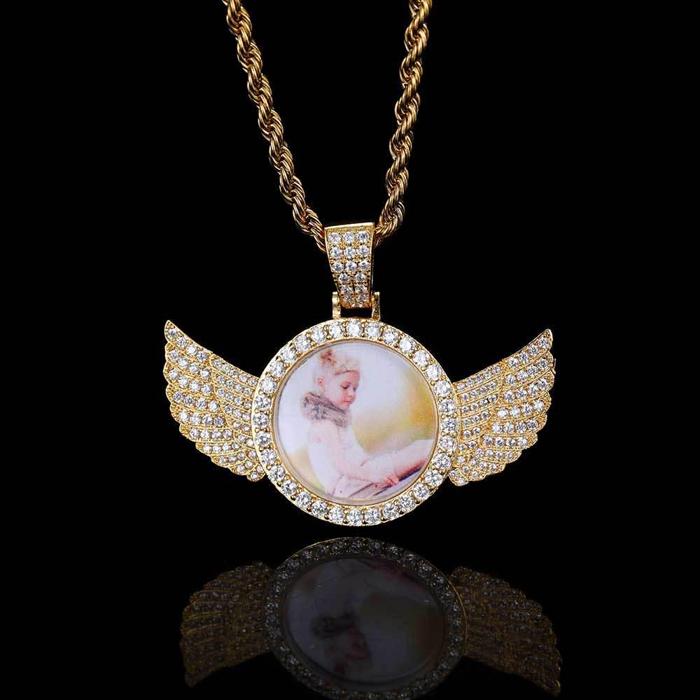 European-American Hip Hop Angel Wings Zircon Photo Frame Pendant Necklace