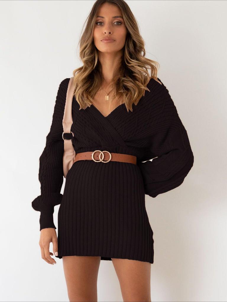 Női Őszi Téli Kötött Ruha Elegáns Midi Hétköznapi V-nyakú Hosszú ujjú Csípőruha Meleg Ruha