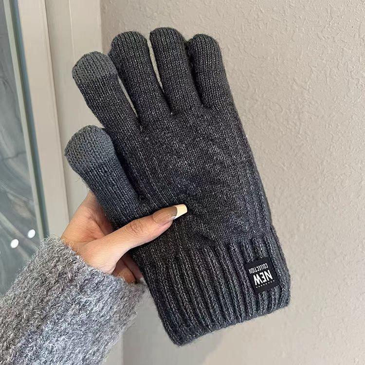 Warm Gloves for Men In Autumn and Winter Touch Screen Wool Knitted Electric Bike Riding and Driving Plus Velvet Thickening Students Prevent Cold