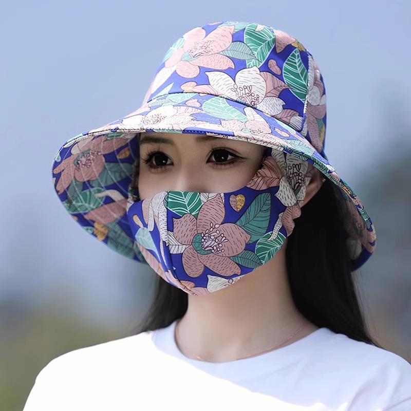 Floral Sun Hat with Integrated Face Mask for Summer Field Work