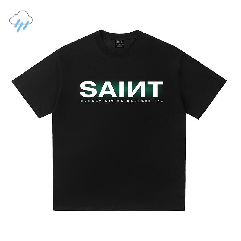 Casual Fashion Loose Heavy Fabric Cotton Tee Classic Box Letters Logo Print Saint TShirt For Unisex Unisex Black T Shirt Tops