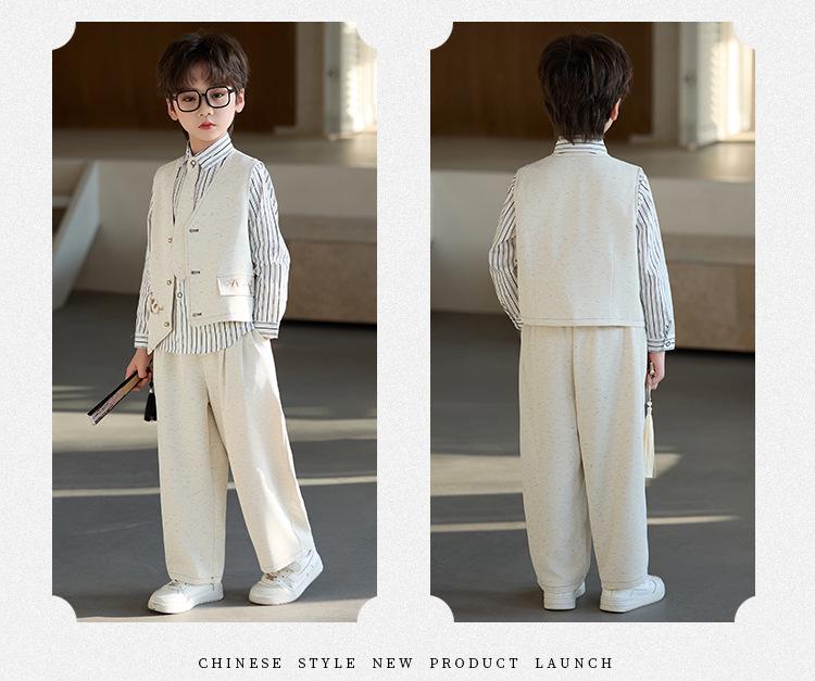 Spring Embroidered Hanfu Vest Set for Boys - Traditional Style Recitation & Performance Outfit