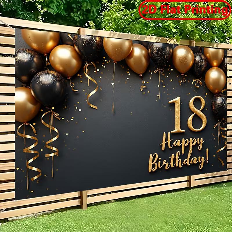 2D Elegant Black Gold Theme 18th Birthday Photography Background Cloth