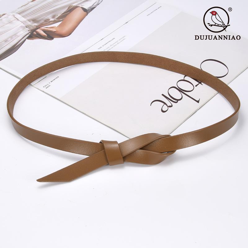 Ladies' New Leather Belt Casual Versatile Pure Cowhide Thin Waistband Knotted Waist With Dress, Suit Waist Cinching Outer Outfit