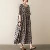 Real shot summer new literary large size loose printing round neck short sleeve dress women's long dress