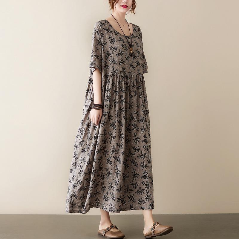 Real shot summer new literary large size loose printing round neck short sleeve dress women's long dress