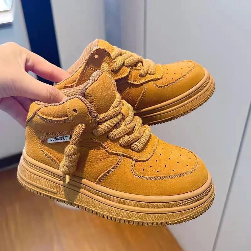 

New Autumn Casual Board Shoes for Boys and Girls Soft Sole High Top Kids Sneakers size 26 коричневый