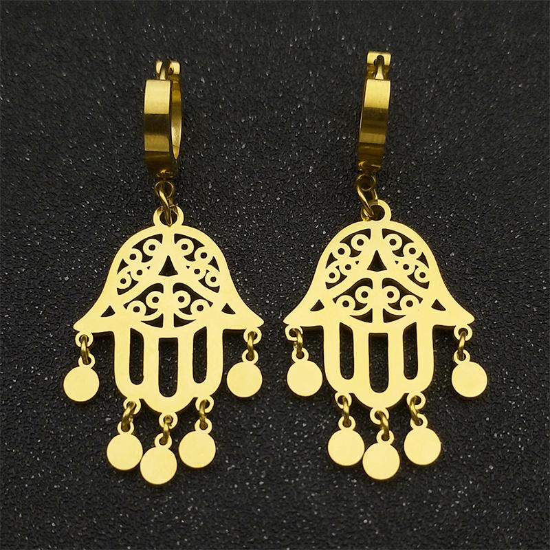 Vintage Fatima Hand Tassel Hoop Earrings for Women Stainless Steel Gold Color Hamsa Flower of Life Drop Earring Jewelry