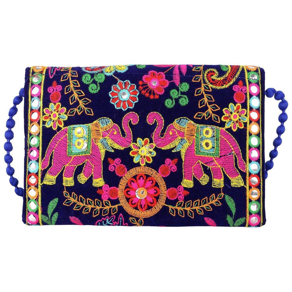 Clutch Bags for Women Jaipuri Rajasthani Handmade Embroidery Mirror Work Stylish Sling Bags for Women Cross Body Bags for Ladies and Girls - 22X16 Cm