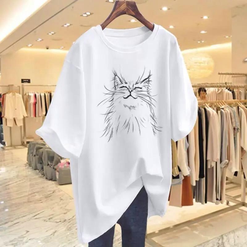 

Women Fashion Cat Animal Printing Tshirt Summer Oneck Short Sleeve Basic Top Tee Office Lady Casual Loose Everyday Casual Tops S
