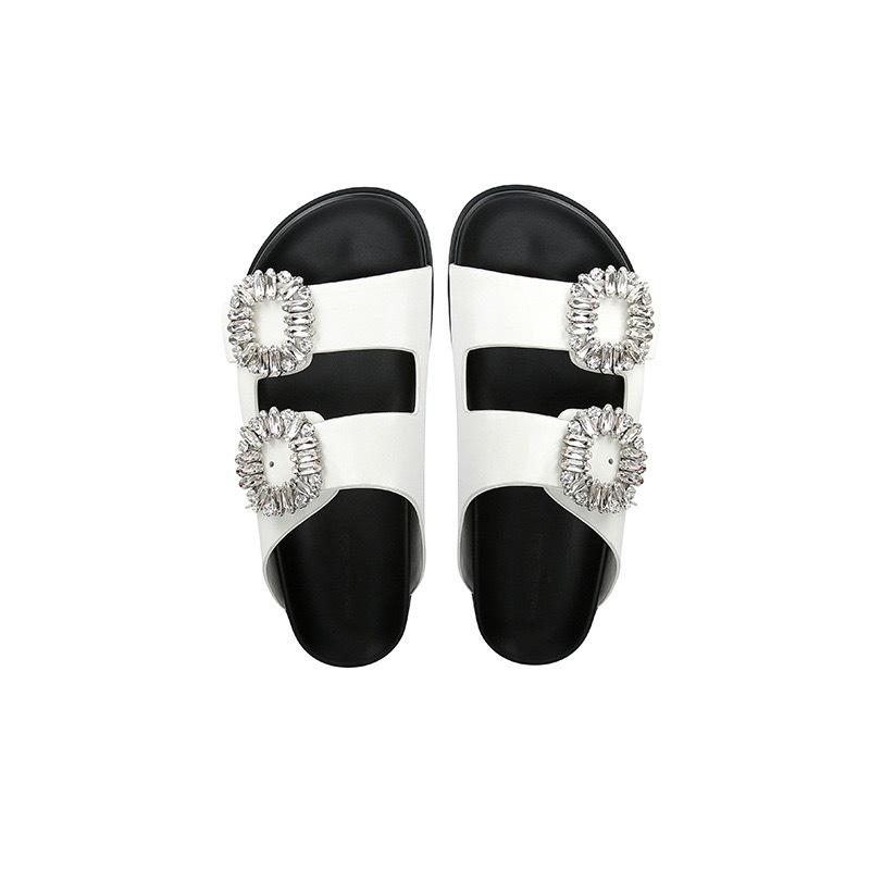 Sheepskin version~ square buckle rhinestone leather double belt casual thick-soled slippers women's sandals wear muffin one-and-a-half slippers
