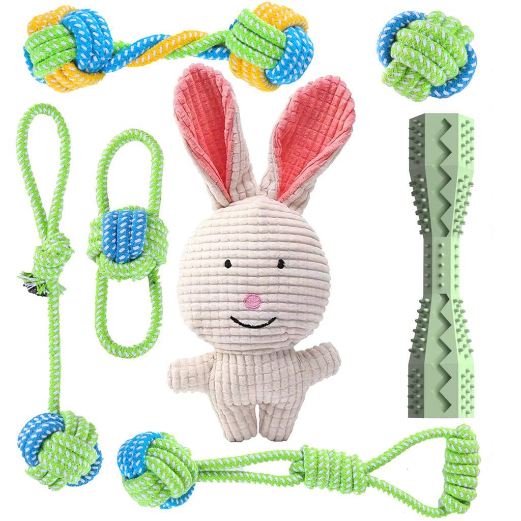Dog Pet Toy Hexagonal Teething Stick for Dogs with Tug Rope for Cute Sound Bunny Plush Birthday Gift Box for Puppies Toys, 7-Piece Set, Ball, Puppies,