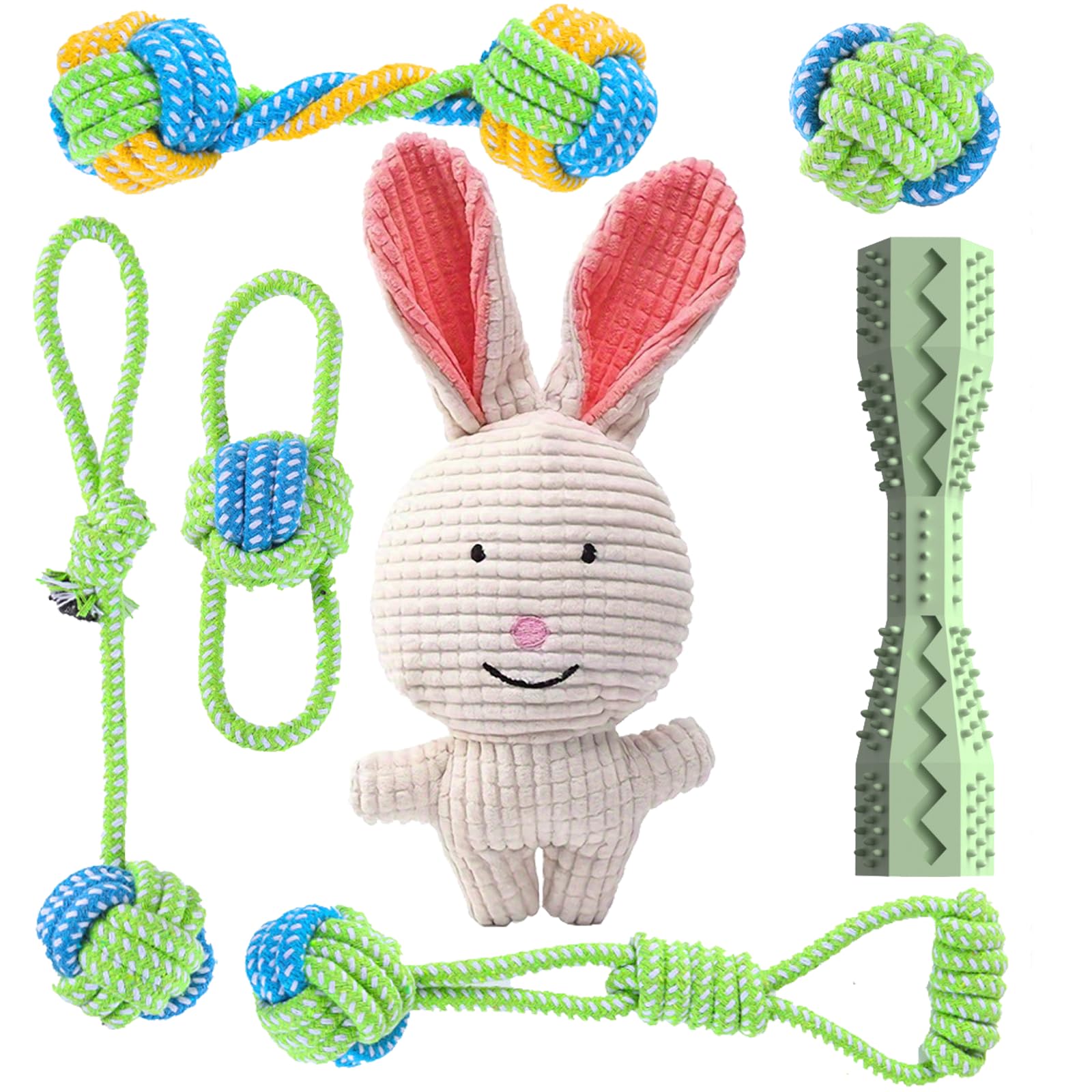 

Игрушка для питомца Собака Шестигранная прорезыватель для зубов для собак с канатом для перетягивания для милого звука Плюшевый кролик Подарочная коробка на день рождения для щенков Игрушки, Набор из 7 предметов, Мяч, Щенки,