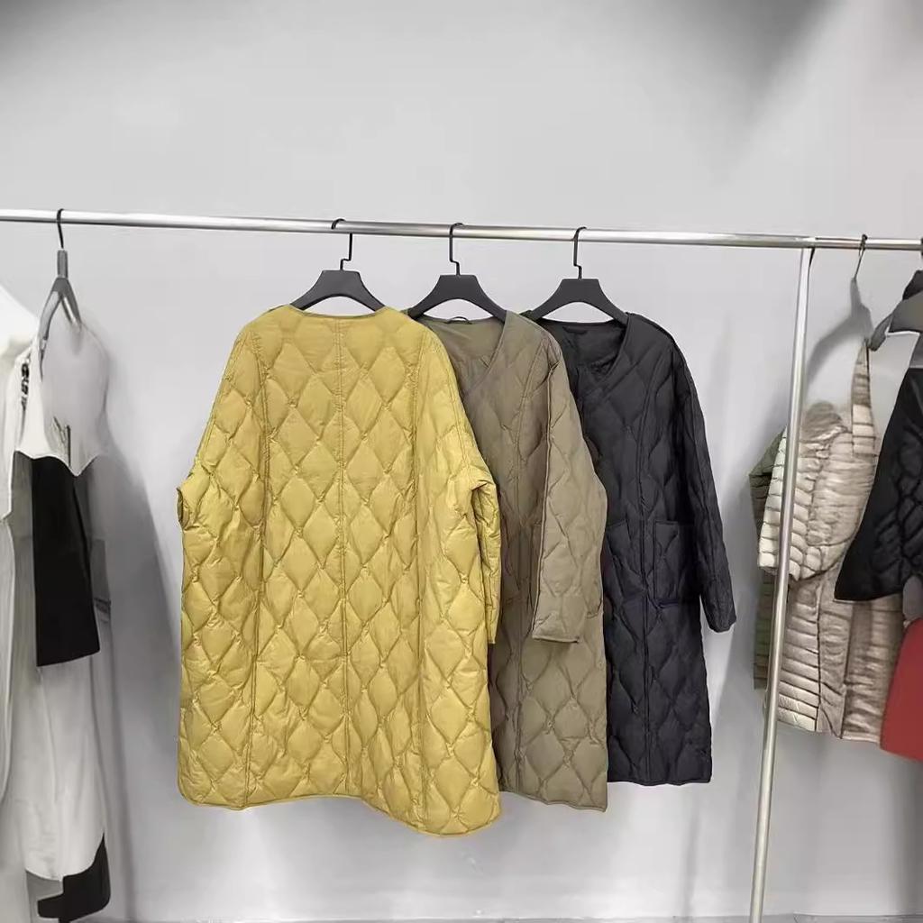 Autumn and winter new down jacket V rhombus light and thin medium and long outer wear casual white duck down loose coat