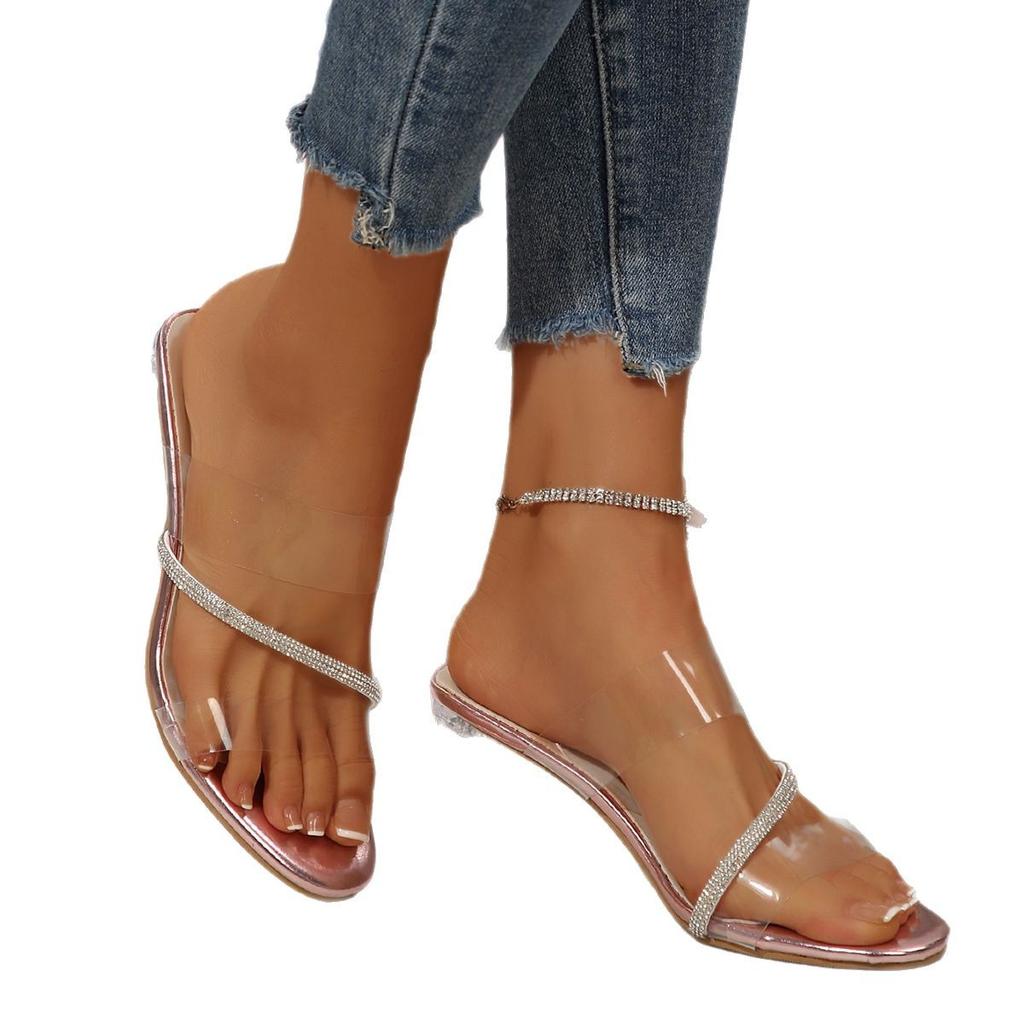 Transparent High-heeled Sandals Women's New Fashion Rhinestone Crystal Shoes Square Head Thick Heel Cool Slippers Women's Outer Wear