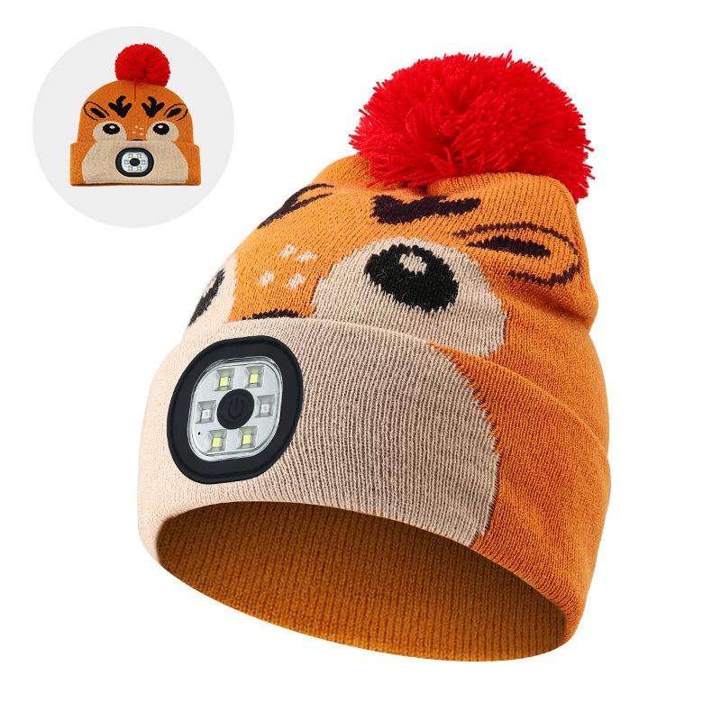 Kids LED Hat USB Rechargeable Headlamp Hat with LED Bracelet Winter Warm Knitted Night Light Hat Suitable for Camping Running Walking