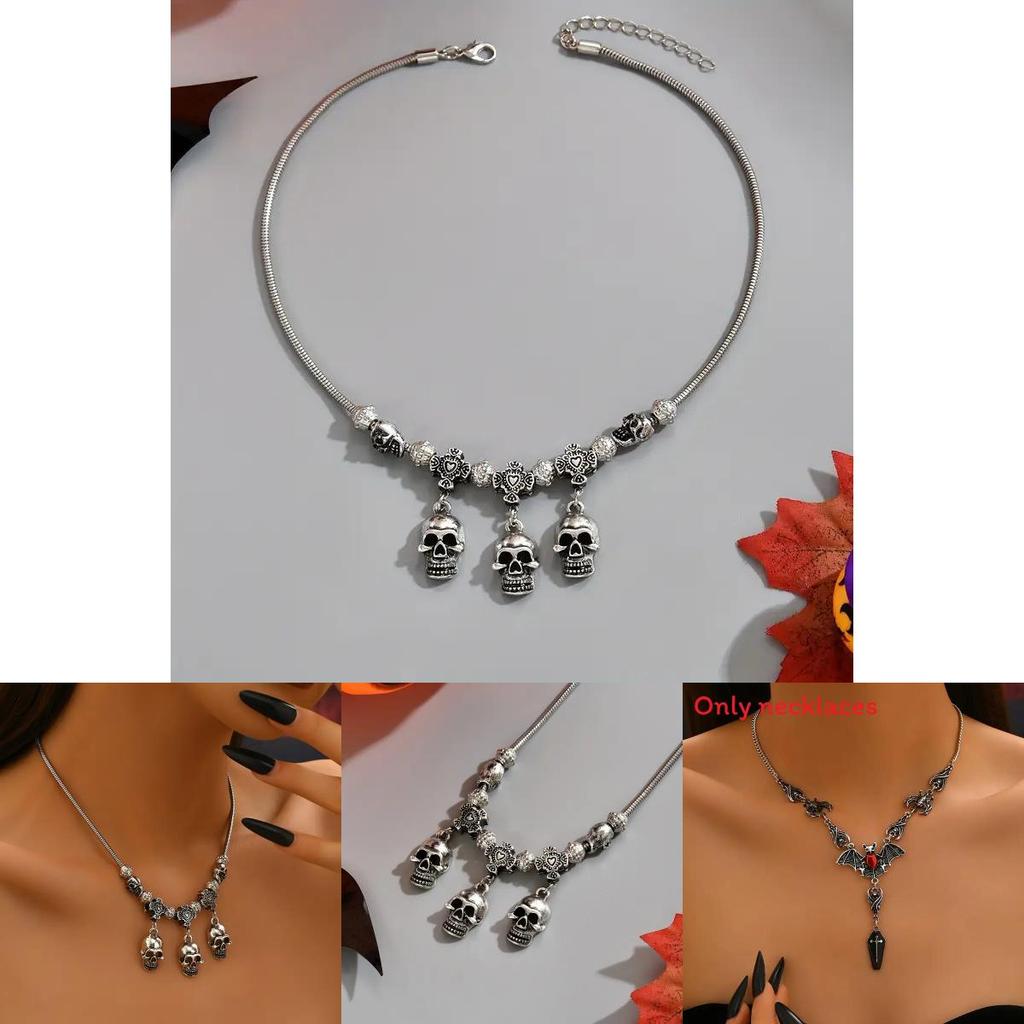 Lanț cu Pandantiv Craniu Gotic Întunecat Cu Verigă Rotundă Stratificată de Liliac Pentru Purtare la Festivalul Horror