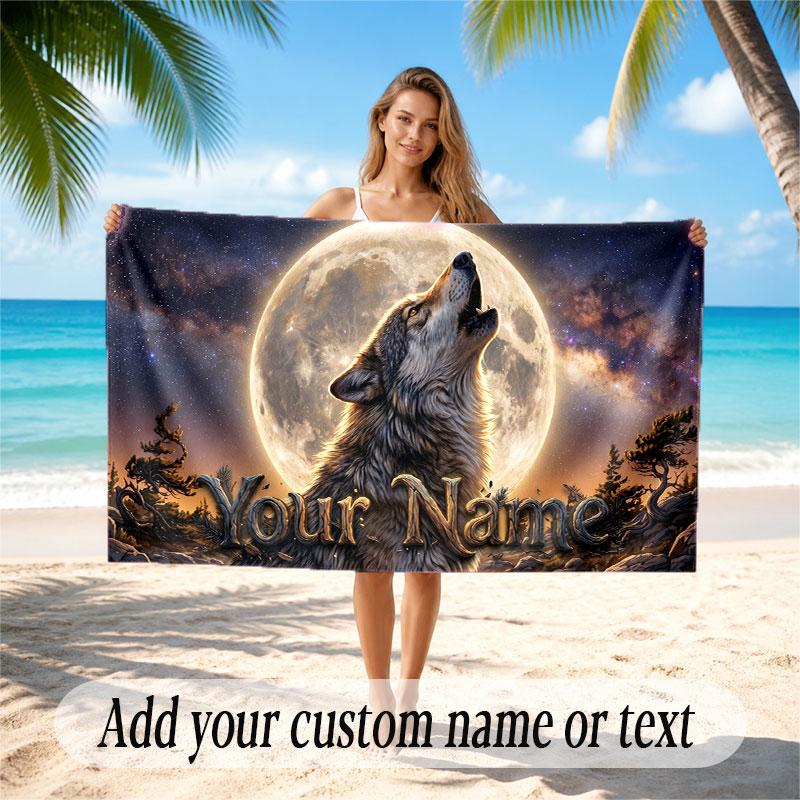 Wolf Theme Beach Towel Personalized Custom Name & Text Soft Quick Dry Beach Towel for Swimming Travel