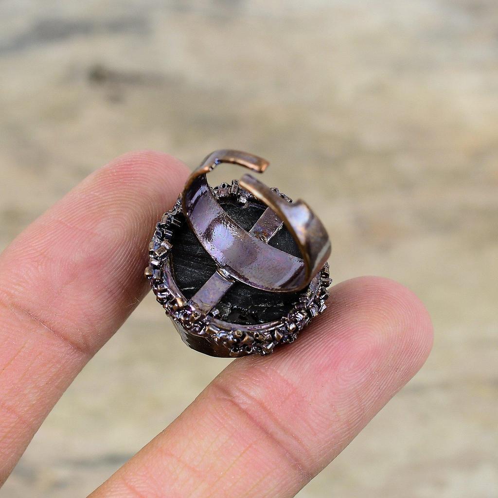 Black Tourmaline Rough Ring Electroformed Copper Adjustable Ring Rough Gemstone Jewelry Handmade Stylish Ring Electroformed Jewelry For Gift