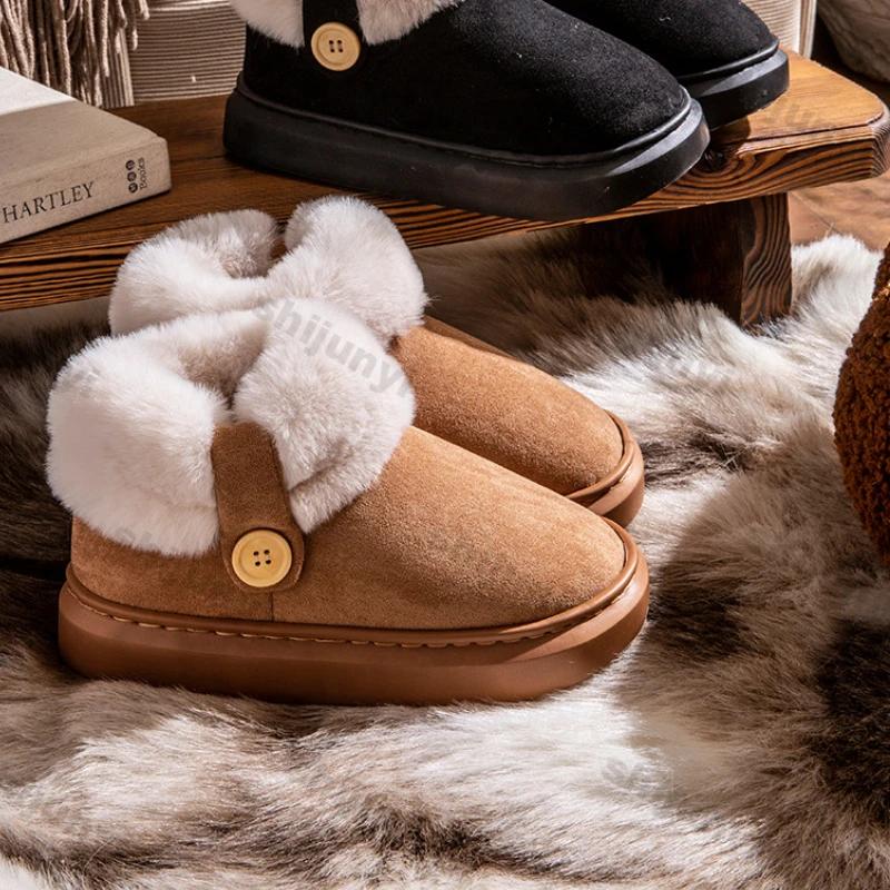 Módní dámské semišové teplé kotníkové sněhule dámské zimní platformové bavlněné pantofle venkovní plyšové silné podrážky ležérní vnitřní protiskluzové boty