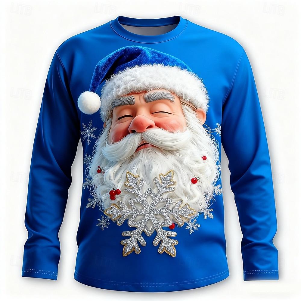Funny Santa Clause Graphic Men's T-Shirts Fashion Christmas Style Long Sleeve Round Neck Pullovers Festival Family Party Clothes