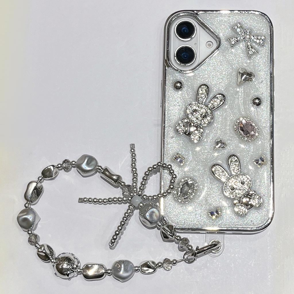 For iPhone 16 Case Glitter Rabbit Epoxy Protective Hybrid Phone Cover with Strap