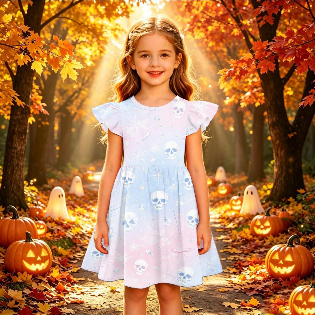 Kids Casual Halloween Printed Sleeve Dress for Party and Holiday