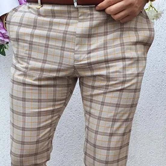 Mid-rise Zipper Button Fly Pockets Men Pants Autumn Plaid Print Straight Fit