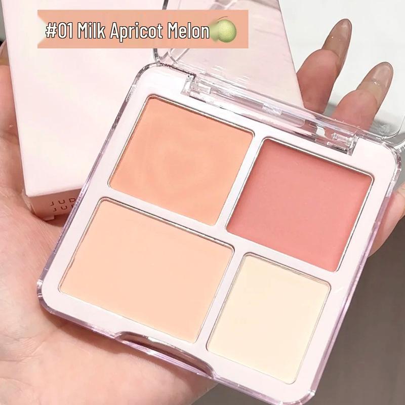 Korean Style 4-Color Blush & Highlight Palette: Matte & Shimmer for Dimensional Contouring and Face Brightening.