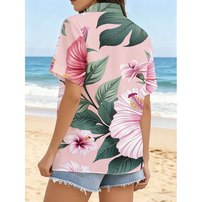 Women's Ombre Pink Hibiscus Leaf Print Button Shirt Casual Short Sleeve Machine Washable Top
