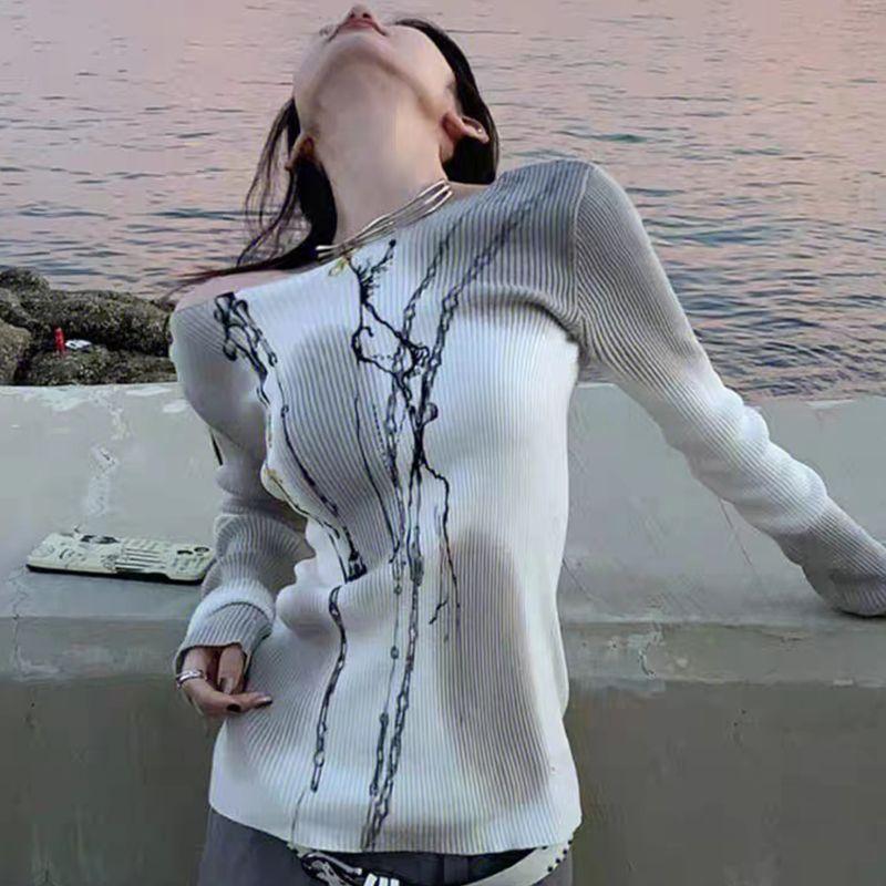 

Весна и осень, новая женская футболка с открытыми плечами и длинными рукавами Pure Desire Style Spicy Girl, облегающий крой и универсальный дизайн, нижняя часть рубашки Sense, верхняя часть S серый/белый