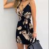 Vestito Corto da Donna con Stampa Tropicale, Modello Wrap, Spalline Sottili, Scollo a V, Cintura da Legare, Bodycon, Estivo, Foglie di Palma, Stampa Floreale, Vacanza al Mare, Festa in Club