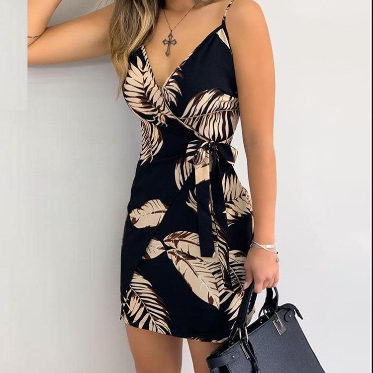 Vestito Corto da Donna con Stampa Tropicale, Modello Wrap, Spalline Sottili, Scollo a V, Cintura da Legare, Bodycon, Estivo, Foglie di Palma, Stampa Floreale, Vacanza al Mare, Festa in Club