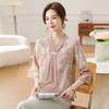 Fashion Printed Spring and Autumn Shawl Collar Women's Fashion Floral Checked Mid Sleeved Loose Chiffon Tops