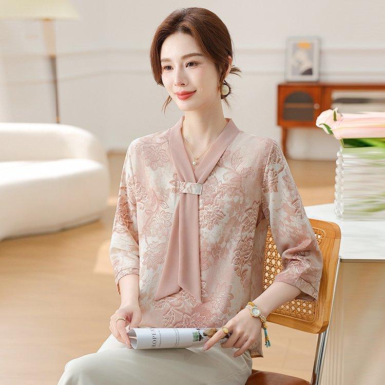 Fashion Printed Spring and Autumn Shawl Collar Women's Fashion Floral Checked Mid Sleeved Loose Chiffon Tops