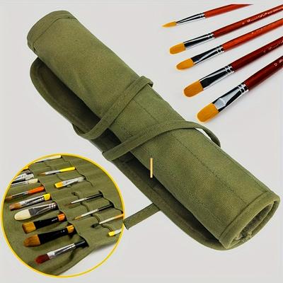 1pc Olive Green Canvas Rolling Art Brush Holder with 16 Slots Artist Brush Organizer for Watercolor Calligraphy Brushes Portable Paint Brush Holder