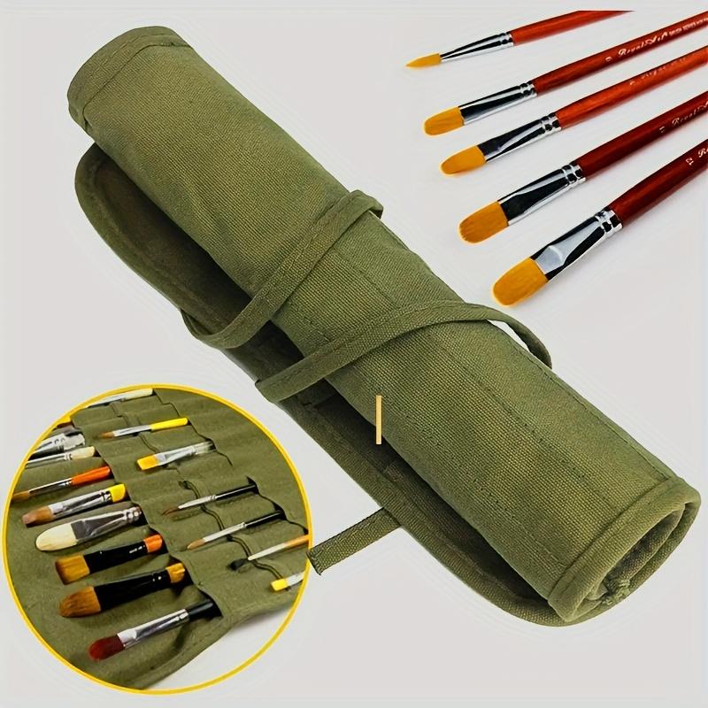 1pc Olive Green Canvas Rolling Art Brush Holder with 16 Slots Artist Brush Organizer for Watercolor Calligraphy Brushes Portable Paint Brush Holder