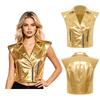 Sleeveless V Neck Front Zipper Waistcoat for Women Notched Lapel Metallic Shiny Tank Top for Punk Jazz Motorcycle Club Outfit