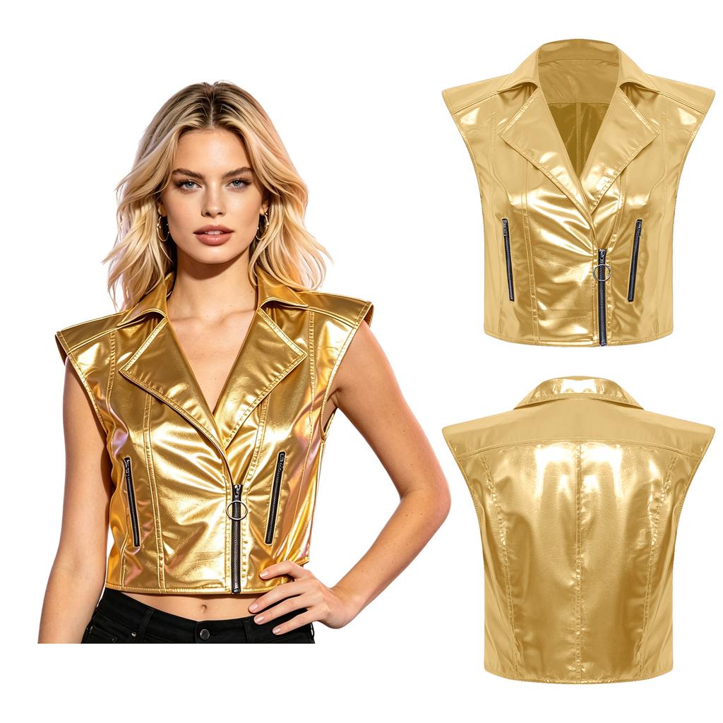 Sleeveless V Neck Front Zipper Waistcoat for Women Notched Lapel Metallic Shiny Tank Top for Punk Jazz Motorcycle Club Outfit