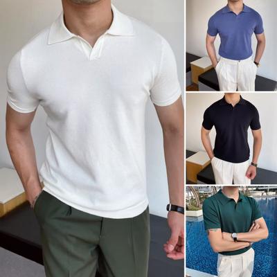 Men Summer T-shirt Short Sleeves Turn-down Collar V Neck Solid Color Loose